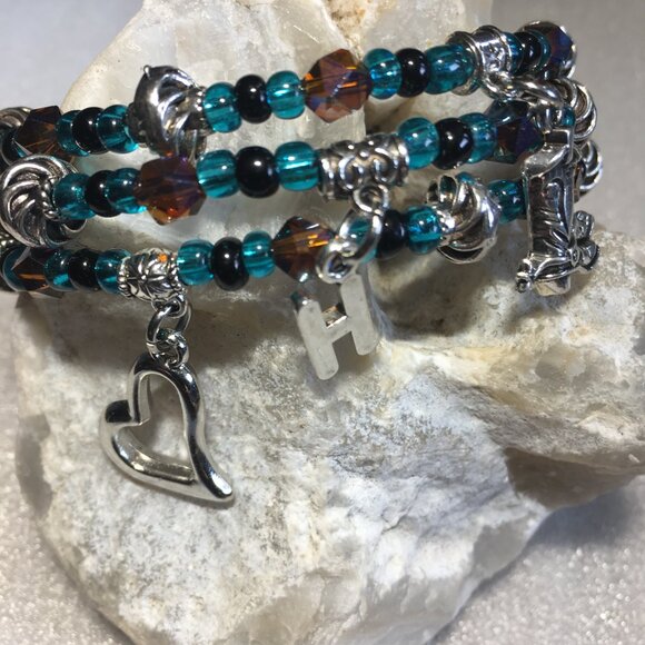 Triple-Wrap Western Bracelet – Turquoise, Amber & Silver with Charms - Picture 1 of 2